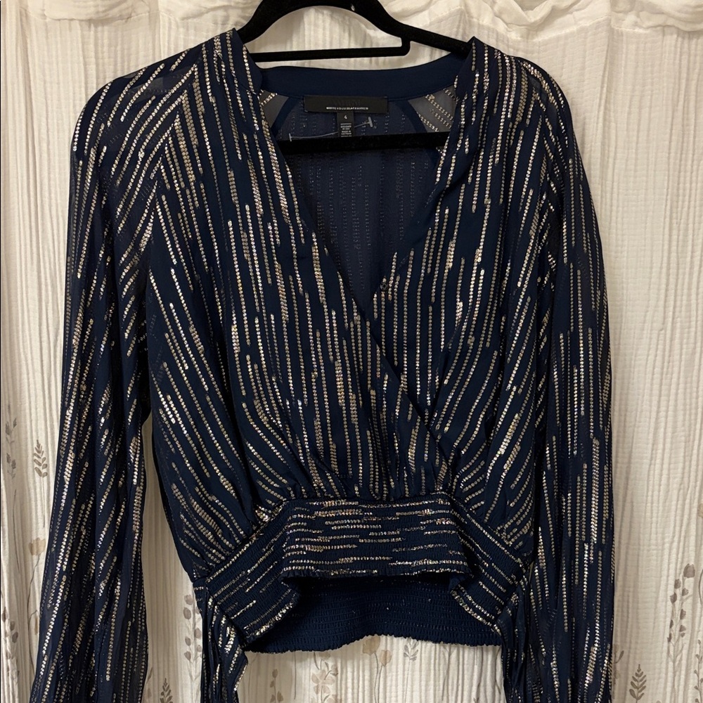 White House Black Market Navy and Gold Blouse